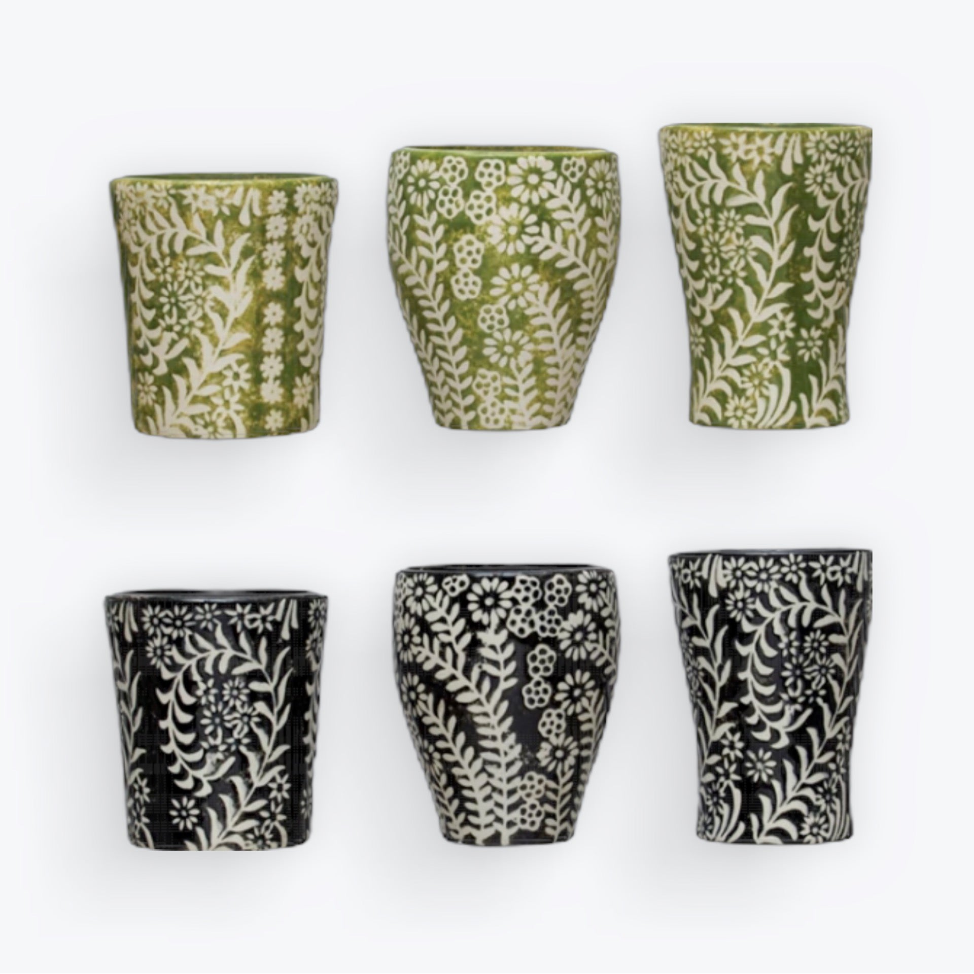 Stoneware Cup w/ Wax Relief Floral Pattern