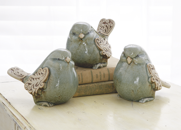 Reactive Glaze Light Blue Scroll Wing Birds, Assorted