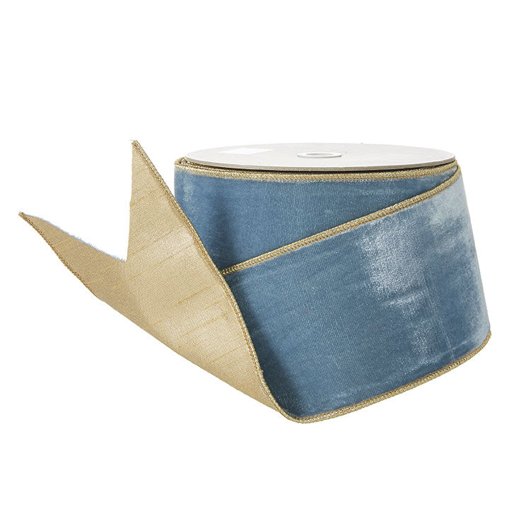 GOLD EDGE BLUE VELVET WIRED RIBBON 4" X 10 YDS