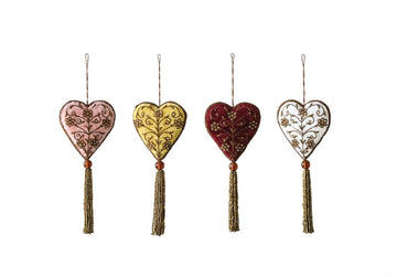 Hand Embroidered Fabric Heart Ornament with Tassel, 4 Colors | 8"