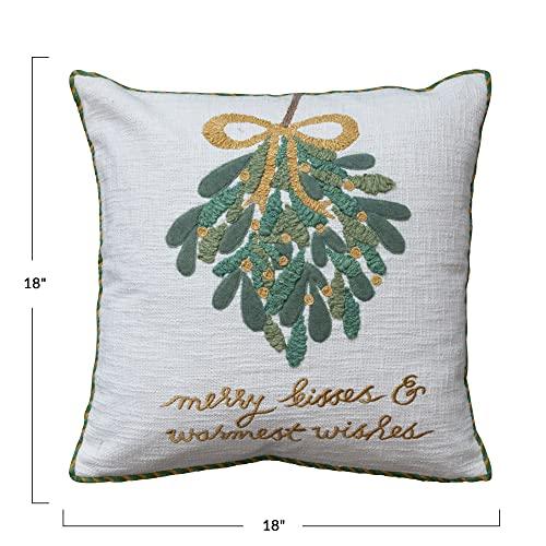 Cotton Slub Pillow w/Mistletoe, Embroidery & Piping Merry Kisses & Warmest Wishes