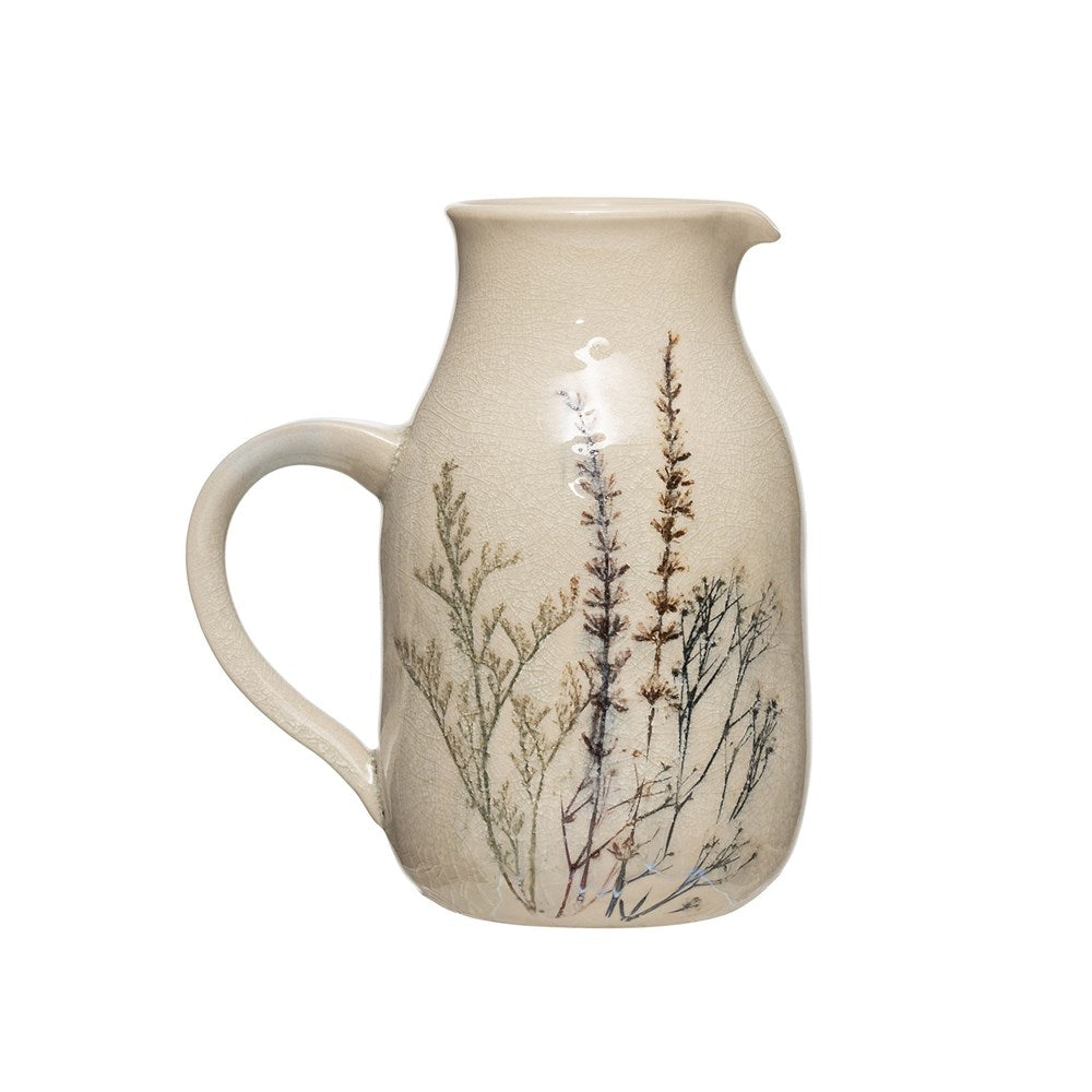 Stoneware Debossed Floral Pitcher Reactive Crackle Glaze