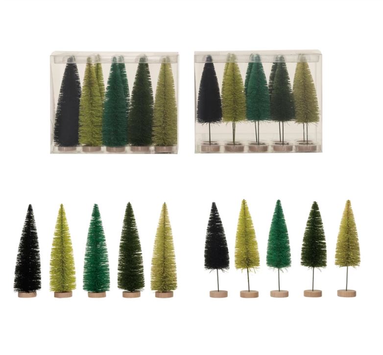 Sisal Bottle Brush Trees w/ Wood Bases, Green, 2 Styles, Boxed Set of 10