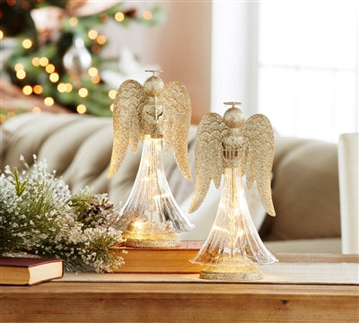 LED LIT ANGEL W/6 HOUR TIMER (2 ASST) 11.5"H GLASS