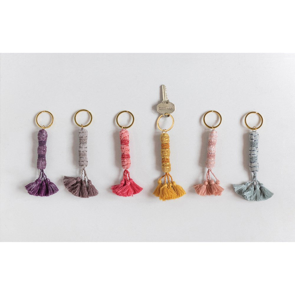 Cotton Velvet Beaded Avila Tassel Keychain, 6 Colors | 6"L