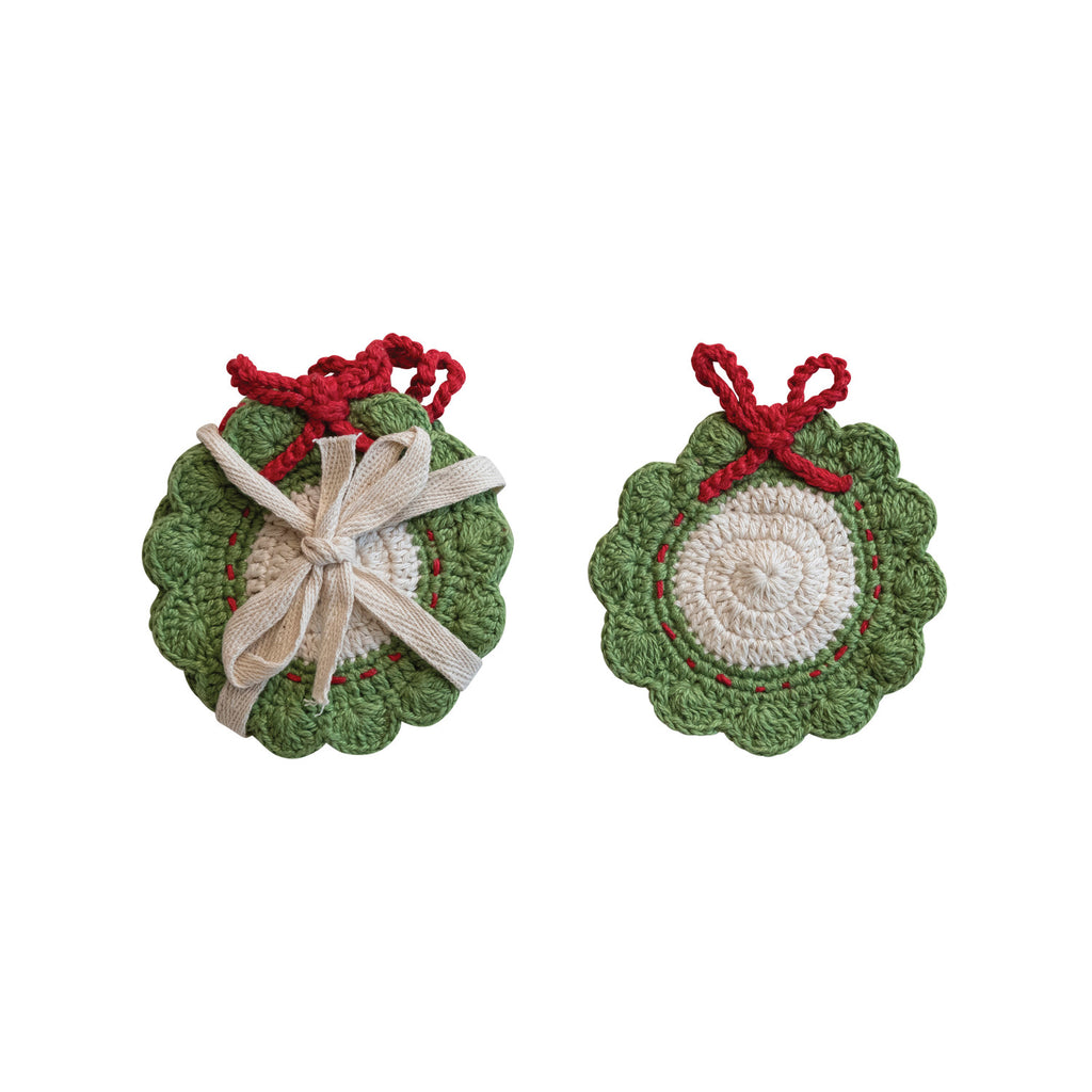 Cotton Crocheted Wreath Shaped Coasters, Green, Red & White
