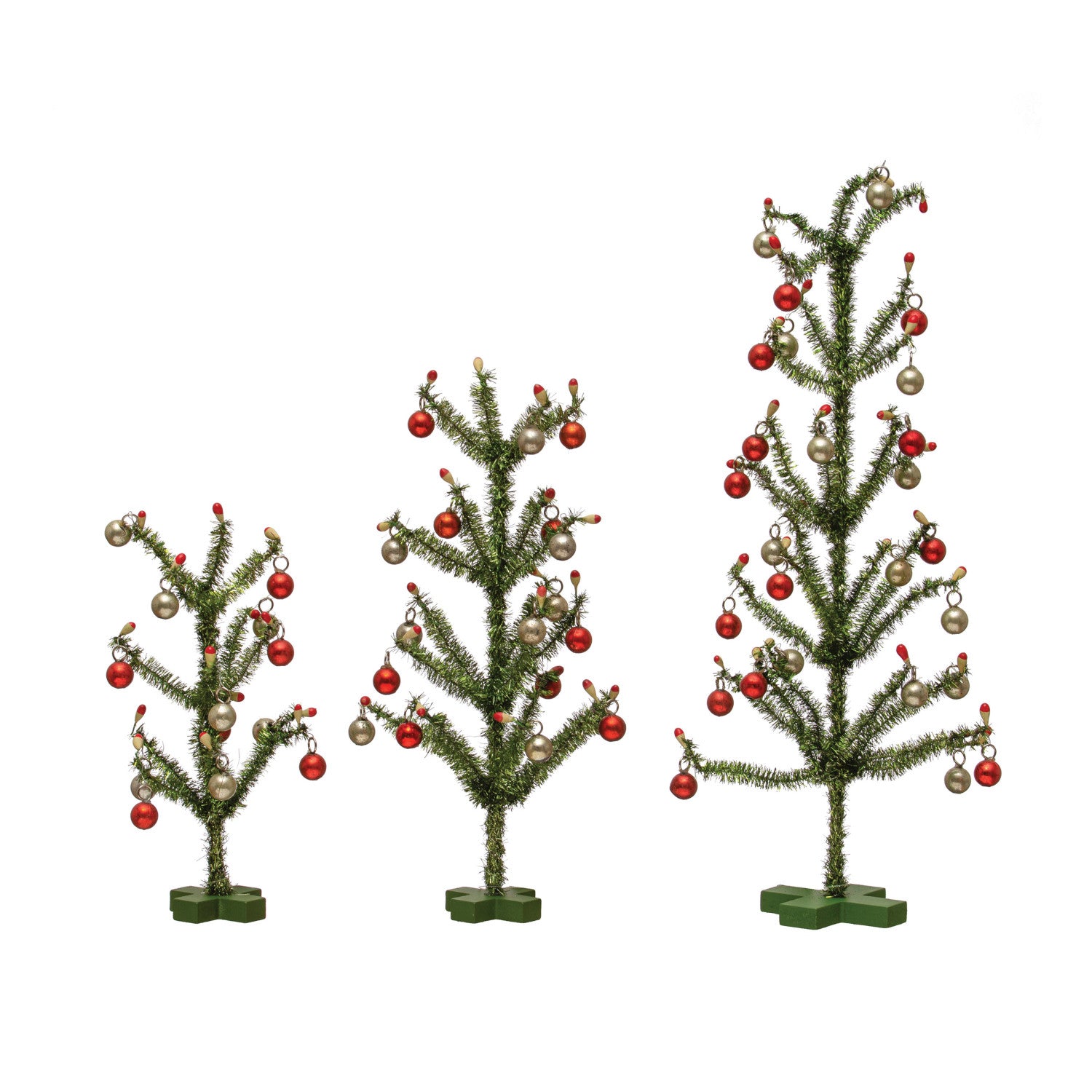 Tinsel Trees w/ Red & Silver Finish Ornaments, Green, Set of 3