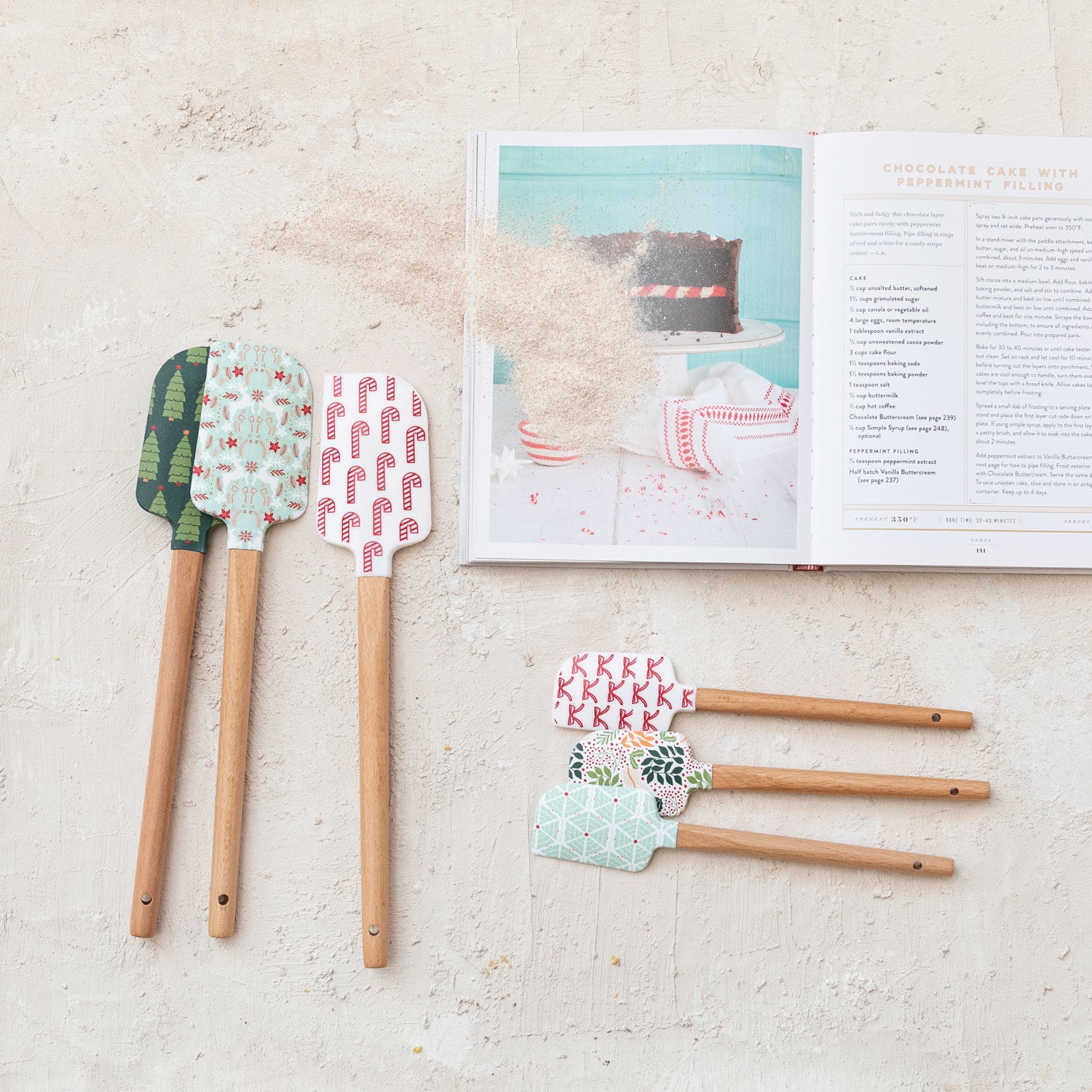 Silicone & Wood Spatulas w/Holiday Patterns, 6 styles, Set of 2 sizes