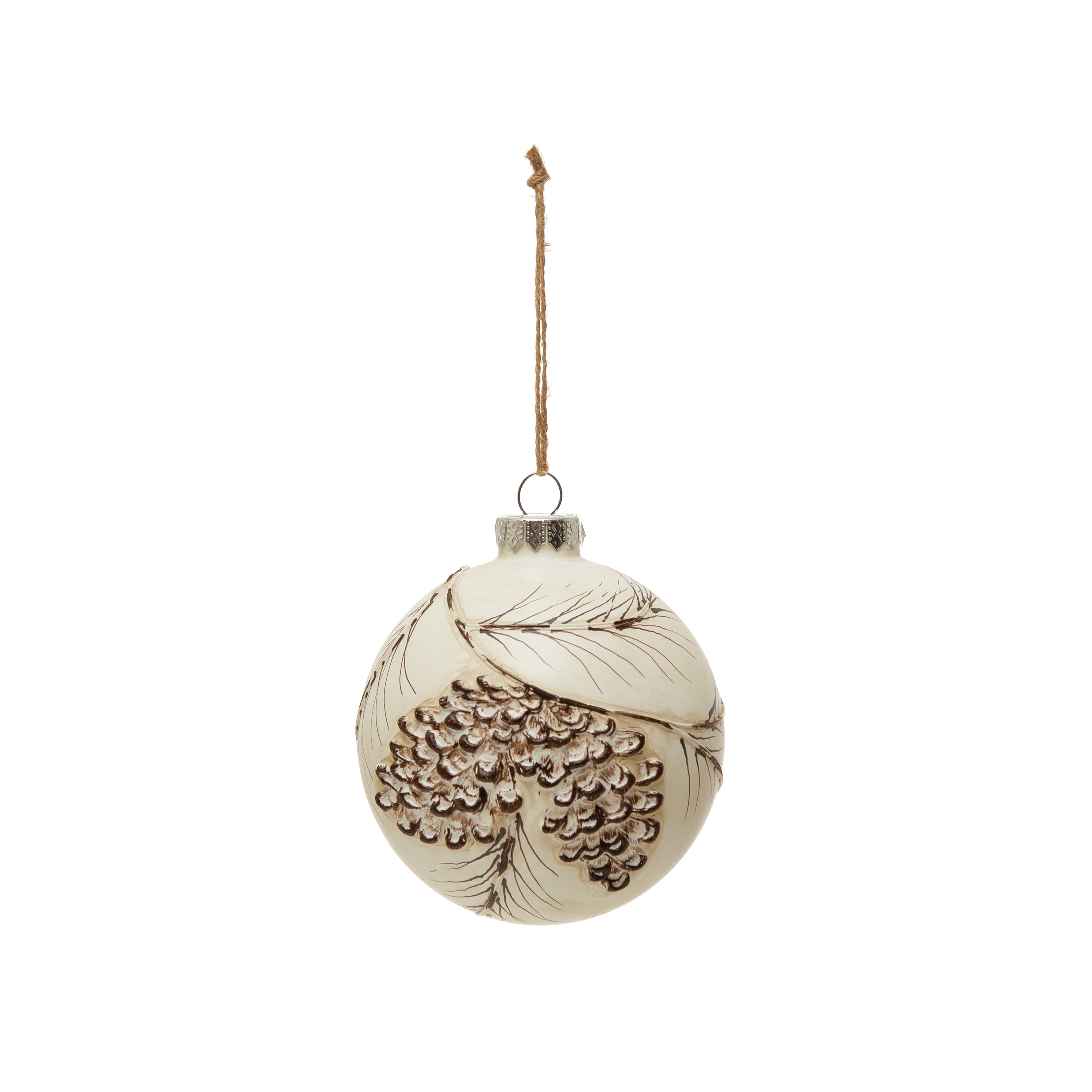 Round Hand-Painted Glass Ball Ornament with Pinecones, Cream Color | 4"