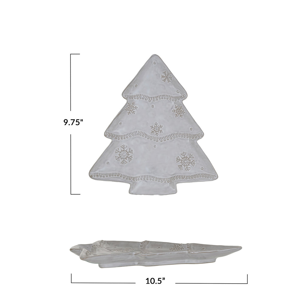 Stoneware Christmas Tree Shaped Plate w/ Snowflakes (Each One Will Vary)