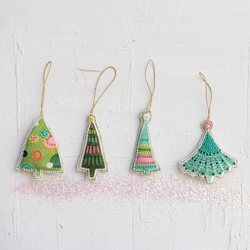 Cotton Velvet Christmas Tree Ornament w/ Embroidery & Glass Beads