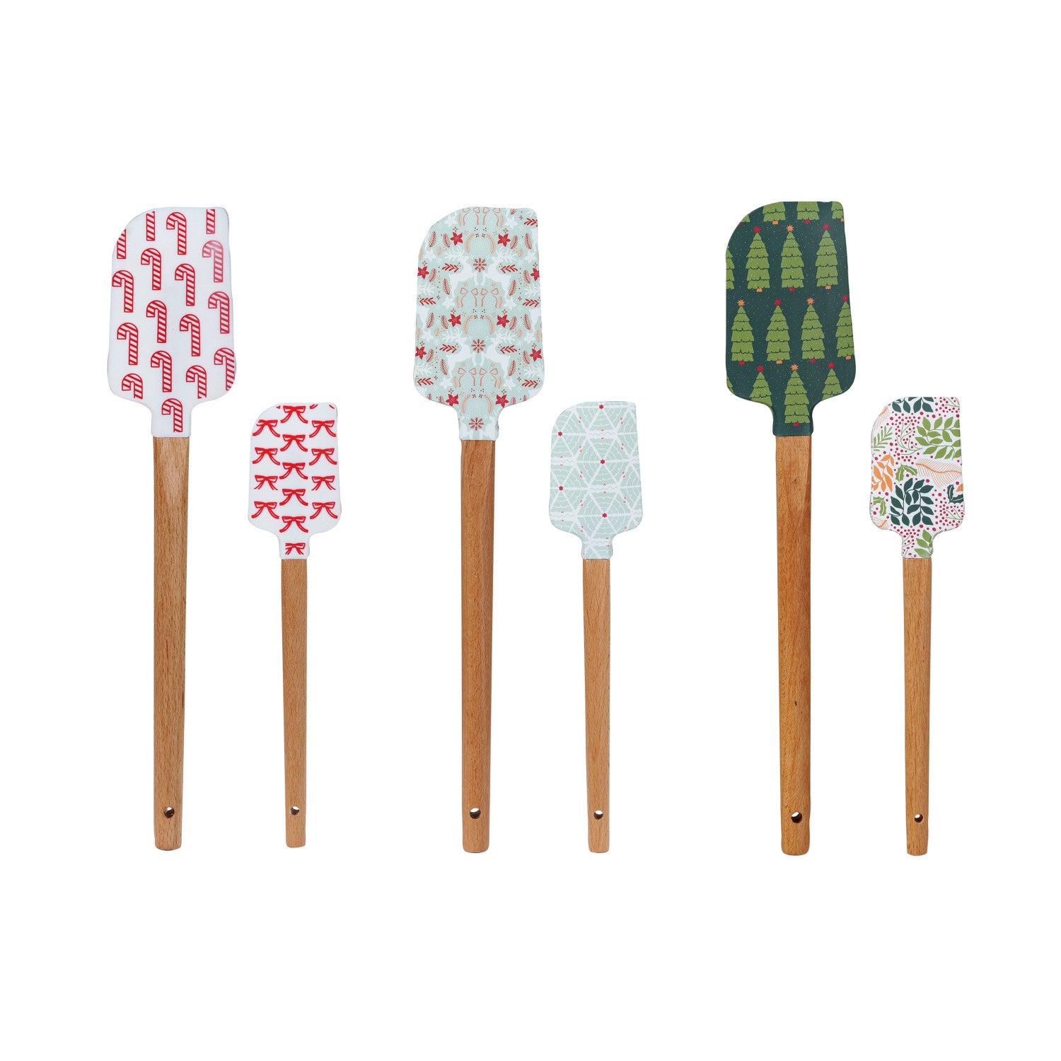 Silicone & Wood Spatulas w/Holiday Patterns, 6 styles, Set of 2 sizes
