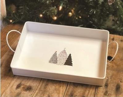 White Christmas Tray with Embossed Trees Accents