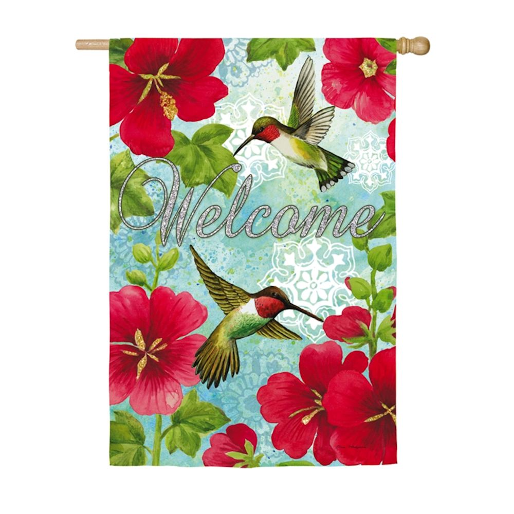 Hummingbird & Hollyhock Sub Suede House Flag | 29X43"