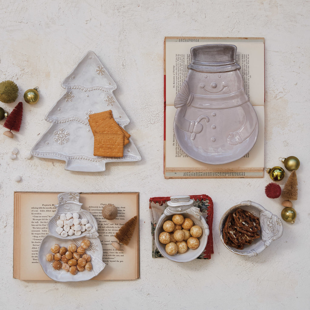 Stoneware Christmas Tree Shaped Plate w/ Snowflakes (Each One Will Vary)