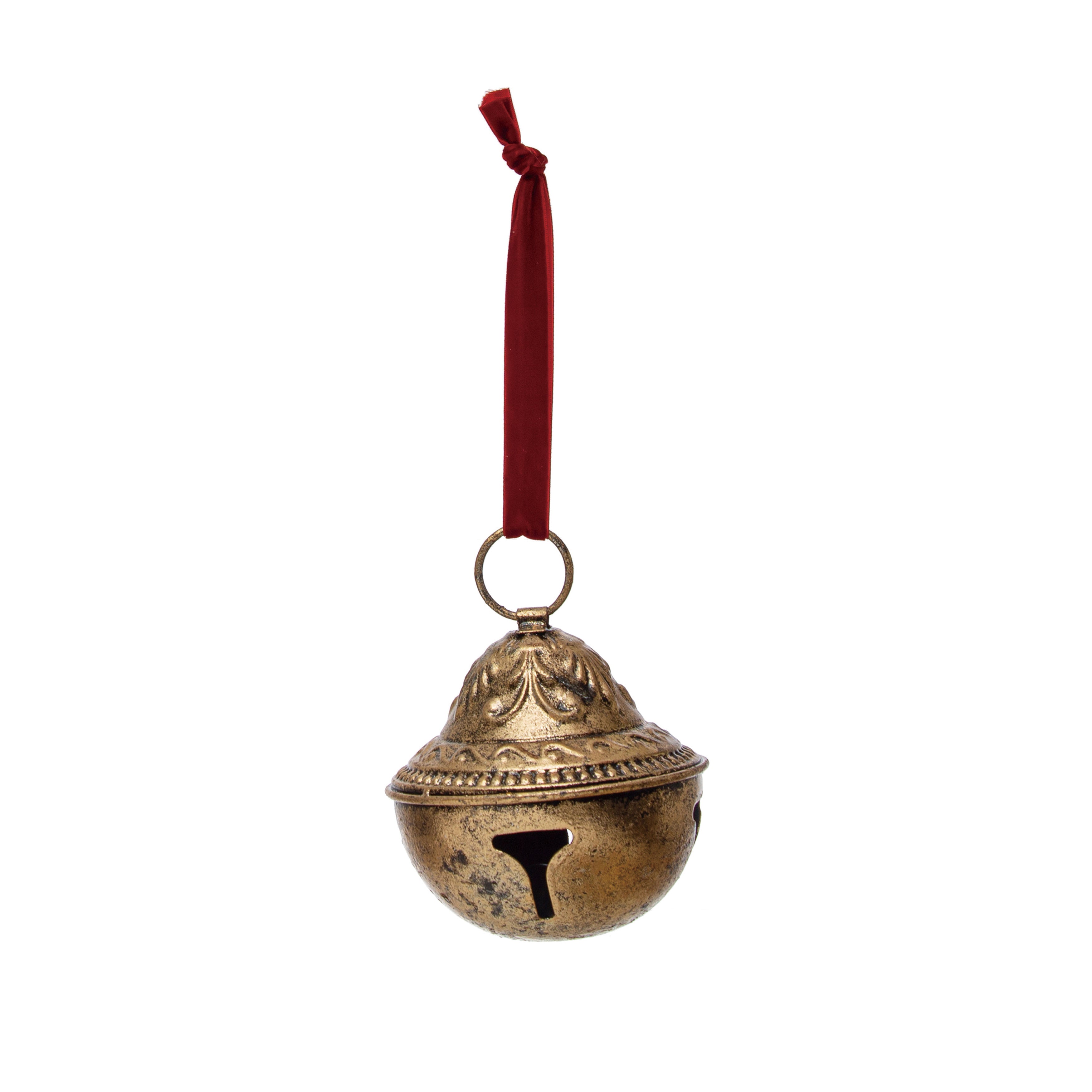 Embossed Metal Sleigh Bell with Velvet Ribbon, Gold Finish