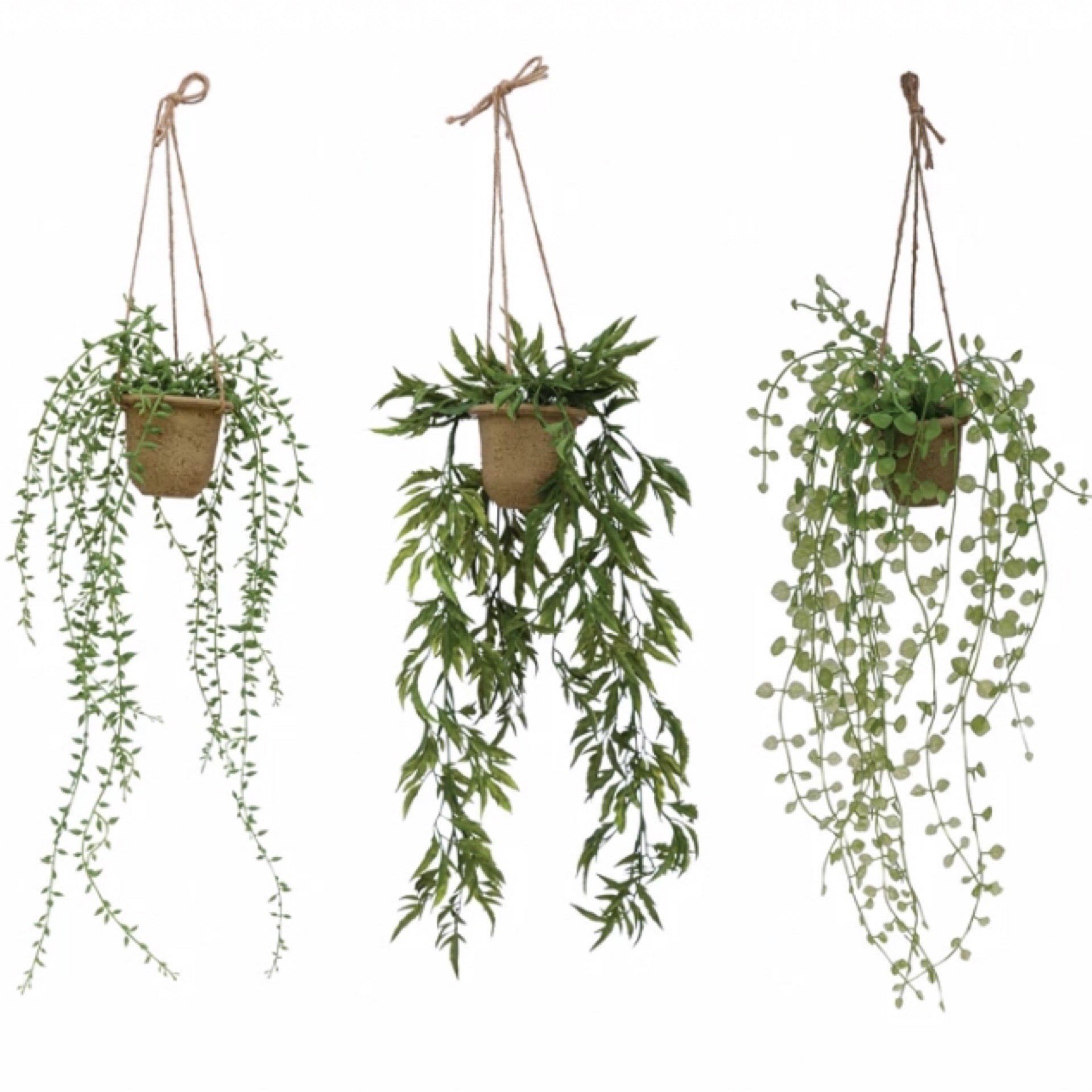 Hanging Faux Ivy/Succulent in Paper Mache Pot with Jute Hanger, 3 Styles