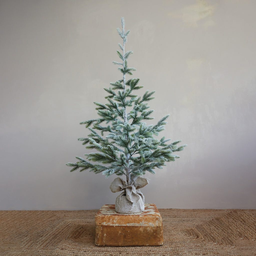 Faux Pine Tree in Burlap Sack, Frost Finish