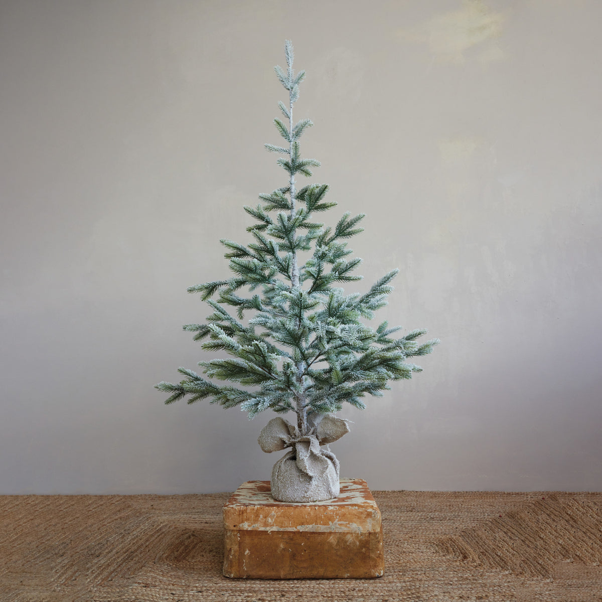 Faux Pine Tree in Burlap Sack, Frost Finish