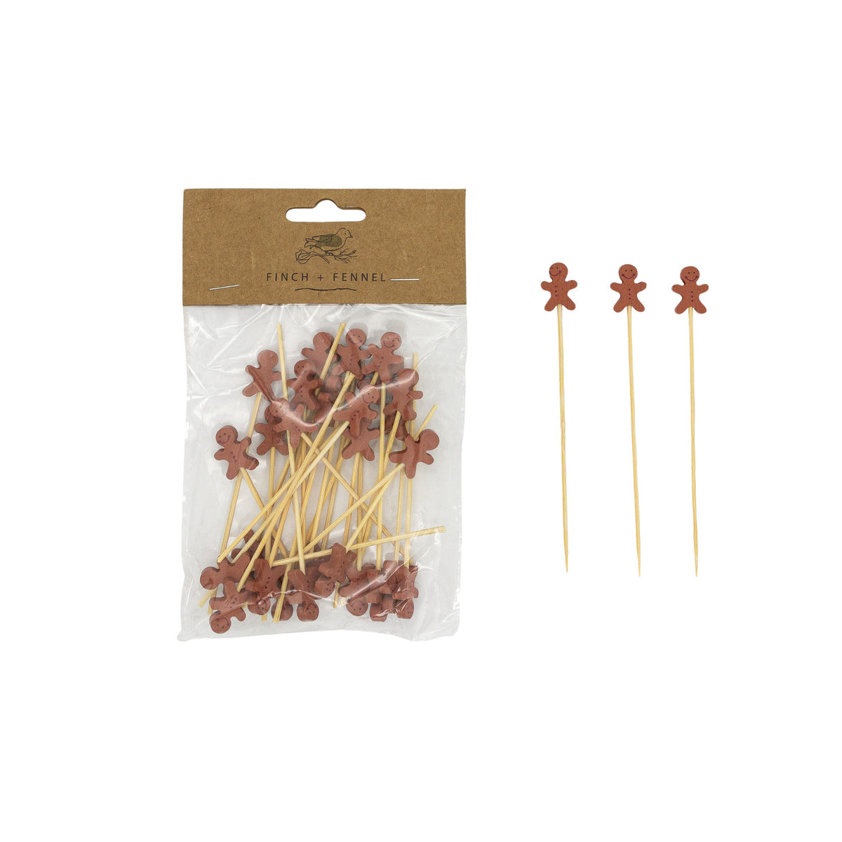 Bamboo Single Use Picks w/ Gingerbread Man Shaped Handles, Set of 50