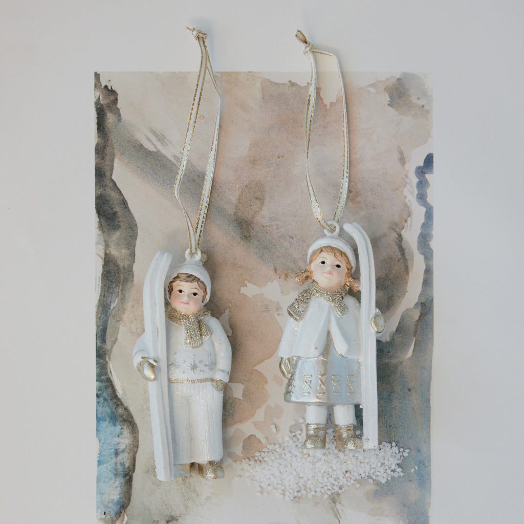 Resin Vintage Reproduction Child with Skis Ornament, 2 Styles